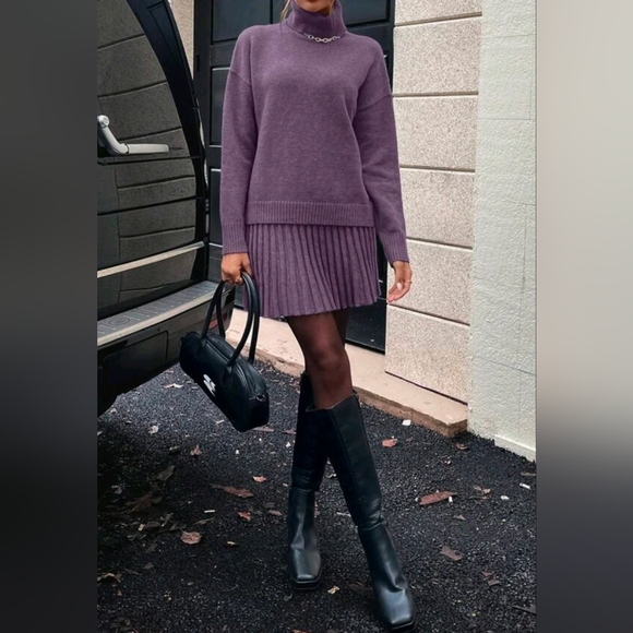 New Chic Two Piece Turtleneck Knit Sweater Pleated Short Skirt Set Purple - Picture 7 of 11